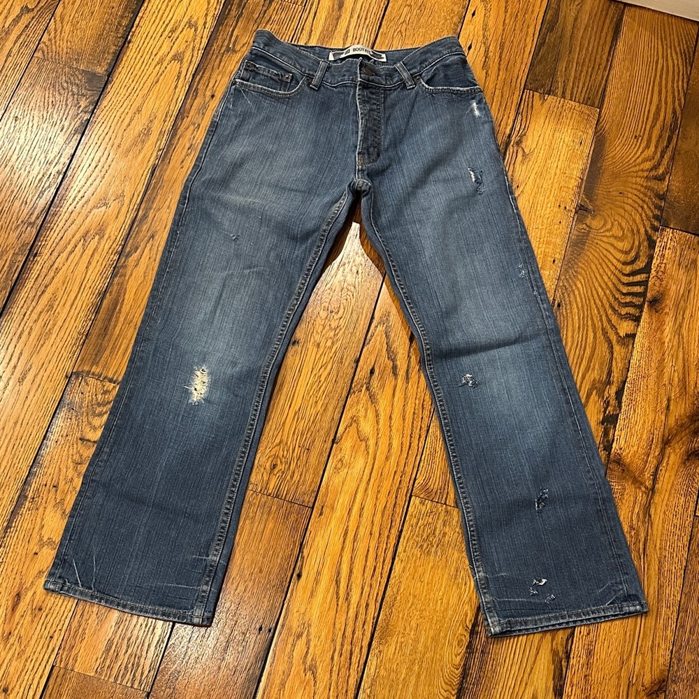 GAP MENS BOOT FIT DISTRESSED BUTTON FLY 5-POCKET BLUE JEANS SIZE 28 x 30